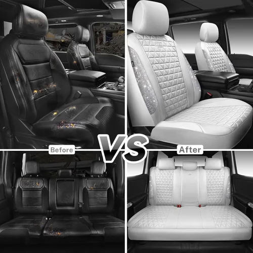 Vista 5 de CAR PASS Todos los juegos completos de fundas de asiento de automóvil de cuero con diamantes brillantes, impermeables, brillantes, ajuste universal