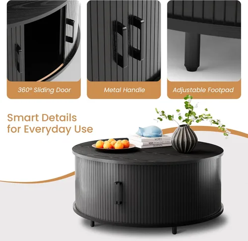Vista 4 de COSIEST Mesa auxiliar redonda con almacenamiento, mesa de centro negra moderna de 31.5 pulgadas con puerta corredera de 360°, mesa central de madera