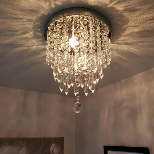 Vista 5 de Lámpara de araña moderna de cristal, 3 luces, 60 W, redonda, empotrada, lámpara de techo pequeña de cristal para comedor, dormitorio, baño, 8 x 7.3