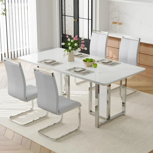 Vista 41 de Juego de mesa de comedor MEMUY de 160 cm para 4 personas, juego de mesa de comedor blanco para 4, juego de mesa y sillas de comedor de mármol