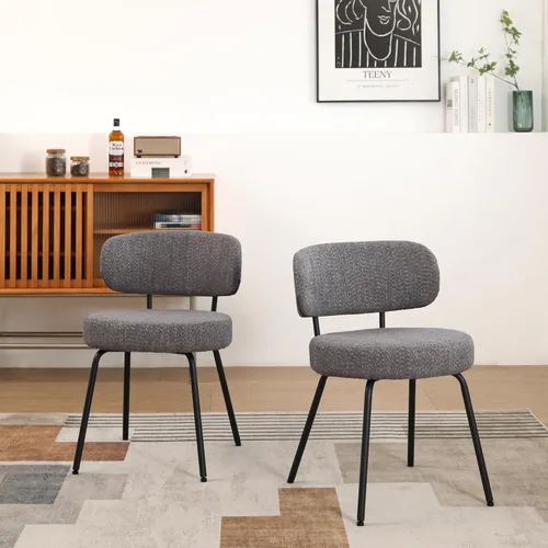 DYHOME Juego de 2 sillas de comedor grises, modernas sillas tapizadas de sherpa boucle de mediados de siglo con cojines de 3.94 pulgadas y patas de