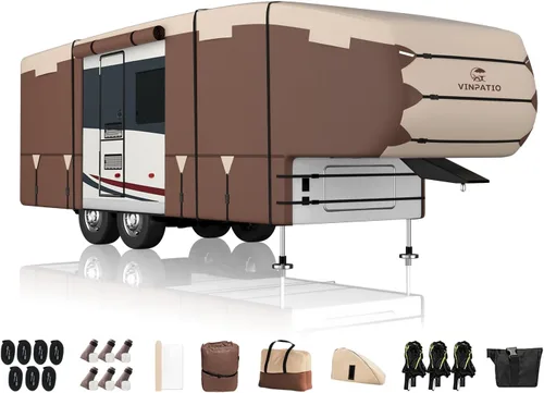 Vista 23 de VINPATIO Cubierta de quinta rueda: se adapta a caravanas de 28'-31', tela Oxford 300D, diseño de dos colores, cubierta resistente de 5ª rueda