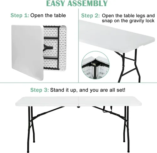 Vista 22 de Mesa plegable, mesa plegable de plástico resistente de 4 pies con asa de transporte, mesas de fiesta portátiles de altura ajustable para jardín