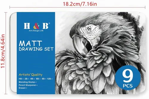 Vista 2 de H & B Lápices de boceto profesionales de 9 piezas, lápices mate para bocetos, juego de lápices de boceto para dibujo, sombreado y bocetos