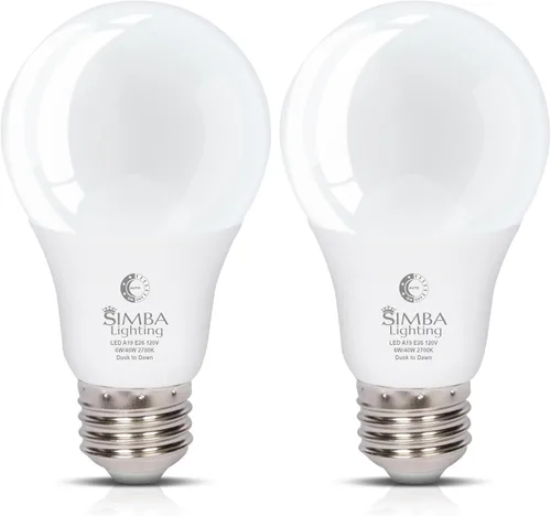 Simba Lighting LED Outdoor Light Bulbs with Photocell Sensor Dusk to Dawn Smart Auto On and Off (2 Pack) A19 6W 40W Replacement for Porch, Night