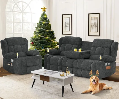 Vista 15 de Dresegmt Juego de sofá reclinable con consola de almacenamiento, diseño de respaldo medio abatible, sofá reclinable de 3 plazas y silla reclinable