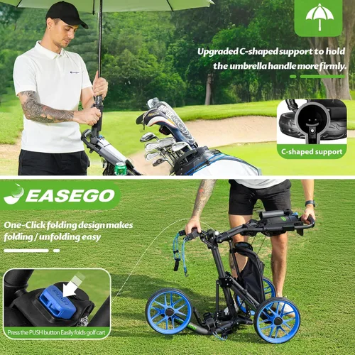 Vista 7 de EASEGO Carrito de golf con 3 ruedas: carrito plegable para bolsa de golf con soporte para teléfono/taza/paraguas, carritos de golf compactos