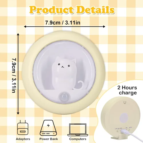 Vista 8 de Attivolife Luz con Sensor de Movimiento de Gato, Luz Nocturna Recargable Activada por Movimiento LED Blanco Cálido, Brillo Ajustable, Portátil