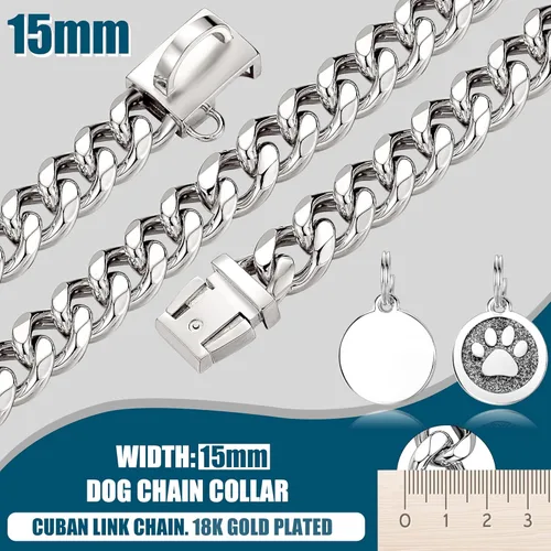 Vista 3 de Collar de cadena para perro de 0.59 pulgadas con eslabones cubanos plateados con hebilla a presión, collar de cadena de metal de acero inoxidable