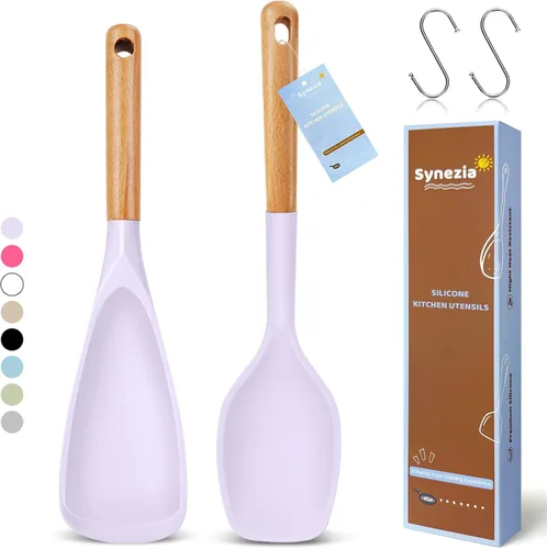 Vista 11 de Juego de cucharas de cocina de silicona grandes, 2 cucharas de servir resistentes al calor, espátula antiadherente multifunción para mezclar