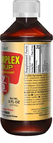 Vista 3 de Germa Jarabe de complejo B. Suplemento dietético. Ayuda para la salud ósea, el crecimiento y el desarrollo. Sin azúcar. Sabor a naranja. 8 onzas