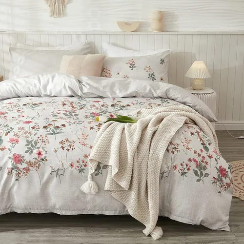 Vista 9 de Juego de funda de edredón de tamaño individual con estampado botánico de flores negras, color rosa, azul, amarillo, floral, estilo campestre