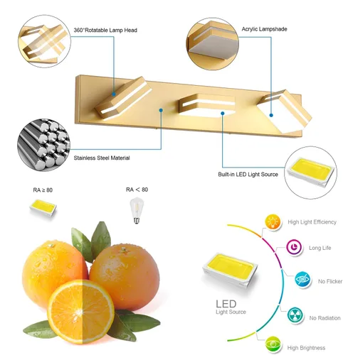 Vista 2 de SineRise Lámparas LED modernas para tocador de baño (3 luces, 24 pulgadas), accesorios de iluminación de pared de acrílico moderno dorado mate sobre