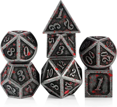 Vista 20 de DNDND - Dados de diseño antiguo, 7 dados de metal de latón con caja de metal para juegos de mesa como Dungeons and Dragons