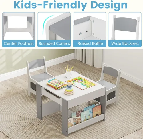 Vista 7 de INFANS Juego de Mesa y Silla para Niños, Escritorio de Actividad de Bloques de Construcción 4 en 1 de Madera con Tablero Reversible, Cajones