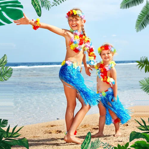 Vista 4 de Juego de 8 piezas de falda de hierba, lentes de sol, collar y pulsera Leis, decoraciones Luau para niños