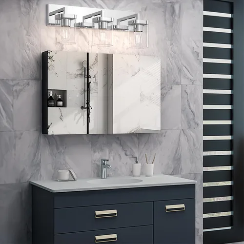 Vista 8 de Lámpara de tocador de baño cromada, accesorios de iluminación de tocador modernos de 3 luces con diseño cuadrado sobre espejo, accesorios