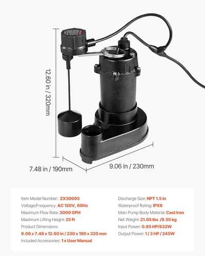 Vista 7 de VEVOR Bomba sumergible para aguas residuales, 1/3 HP, bomba de aguas residuales/efluentes de hierro fundido de 3000 GPH con interruptor flotador