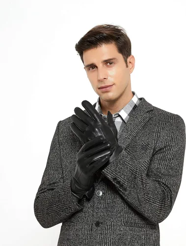 Vista 5 de ZLUXURQ Guantes de cuero de lujo para hombre con forro de cachemira suaves cómodos piel de cordero Touchsreen