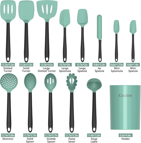 Vista 2 de Coukre Juego de utensilios de cocina de silicona con soporte, resistentes al calor, herramientas de cocina de grado alimenticio, espátula, cuchara