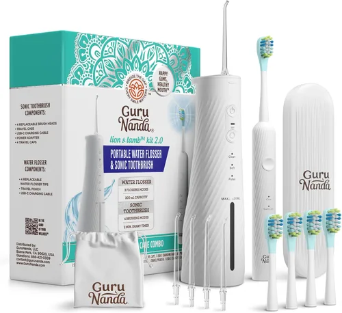 Vista 11 de GuruNanda Lion & Lamb Kit 2.0, cepillo de dientes eléctrico con hilo dental de agua, 4 puntas de chorro, 4 cabezales de cepillo y diseño impermeable