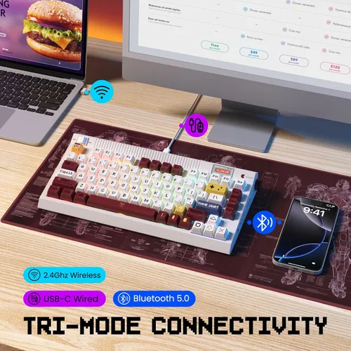 Vista 2 de RisoPhy PC423 Teclado inalámbrico cremoso con pantalla y perilla, 75% 2.4 GBluetoothUSB-C Junta Teclado mecánico RGB, intercambiable en caliente
