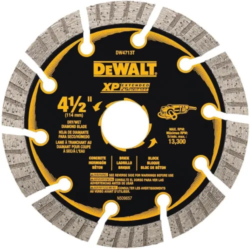 DEWALT DW4713 Hoja de sierra de diamante segmentada industrial de corte en seco de 4-1/2 pulgadas con eje de 5/8 pulgadas o 7/8 pulgadas