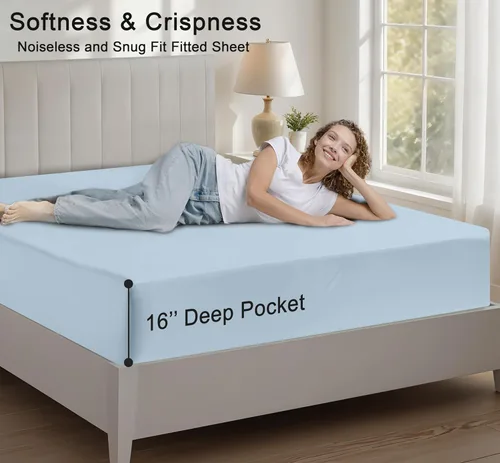 Vista 4 de RUVANTI Sábana bajera ajustable 100% algodón tamaño Queen – Sábana bajera de percal refrescante crujiente – Sábana bajera transpirable y duradera