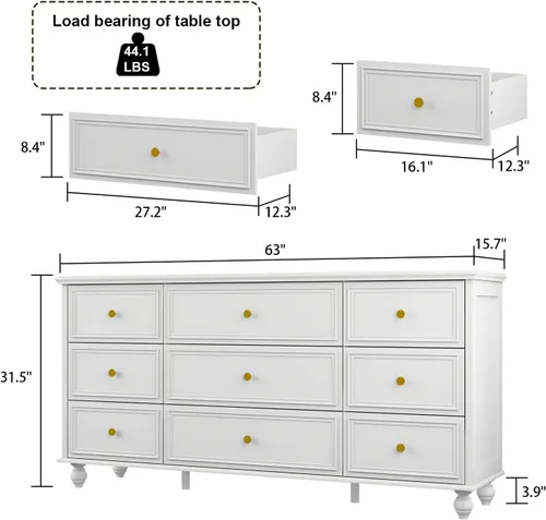 Vista 2 de FAMAPY Cómoda blanca con 9 cajones, cómoda de madera, asas de metal dorado, patas de madera, 9 cómodas para dormitorio