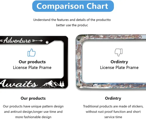 Vista 3 de Adventure Awaits - Marco de matrícula de acero inoxidable, accesorios de automóvil, placa personalizada para vehículos estándar de EE. UU.
