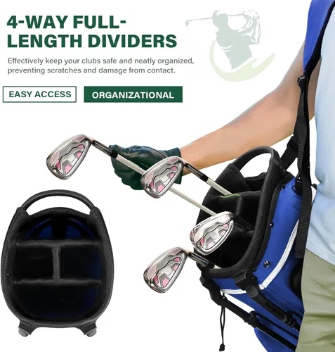 Vista 2 de UNIHIMAL Bolsa de golf ligera con soporte, divisor de 4 vías de longitud completa, base plegable y correas dobles