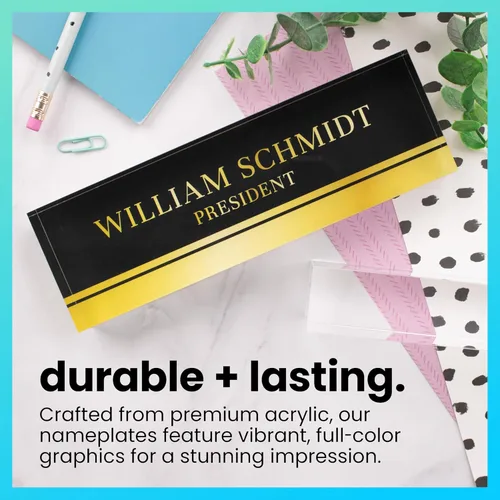 Vista 3 de Bloque con placa de nombre de cristal acrílico transparente de alta calidad con diseño único para tu escritorio, 8 x 2.5 pulgadas