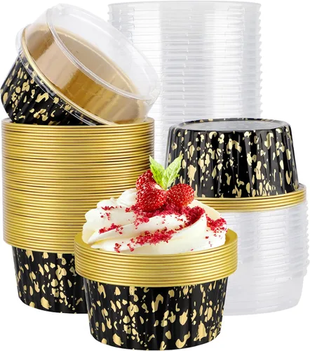 Vista 22 de EUSOAR Vasos para cupcakes con tapas, paquete de 50 forros para magdalenas de 5 onzas de colores surtidos, moldes desechables de papel de aluminio