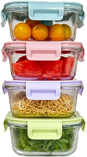 Vista 2 de recipiente de vidrio cuadrado de 2 tazas con tapas herméticas, pequeños recipientes cuadrados de vidrio para preparación de comidas, tazones