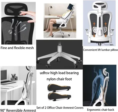 Vista 5 de Silla de computadora de oficina en casa, silla ergonómica de oficina para juegos, silla de escritorio de malla transpirable, reposacabezas y brazos