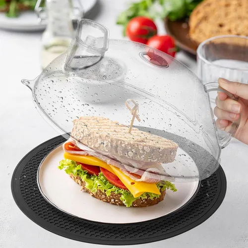 Vista 9 de Cubierta antisalpicaduras para microondas para alimentos, tapa transparente con vaporizador de agua, asa integrada, protector contra salpicaduras
