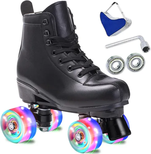 Patines para mujer y hombre de caña alta en negro, de cuero sintético clásico, patines de doble fila ajustables para interiores y exteriores,