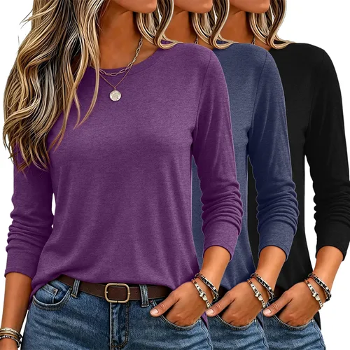 Vista 33 de Zeagoo Paquete de 3 camisetas de manga larga para mujer, estilo casual, suave, cuello redondo, básicas, ropa de otoño Z Rayas Azul 273