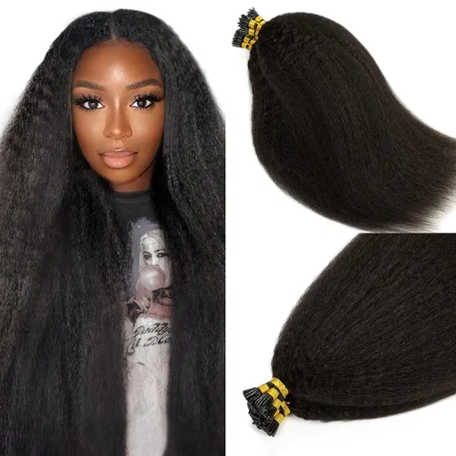 Vista 20 de Lacer Extensiones de cabello humano con punta en I, extensiones de cabello humano rizado lacio color negro natural, 1B de 12 pulgadas, extensiones