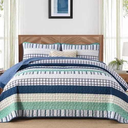 Vista 26 de DJY Juego de edredón a rayas tamaño Queen, juego de colcha bohemia verde salvia de 3 piezas, juego de ropa de cama acolchada de microfibra suave