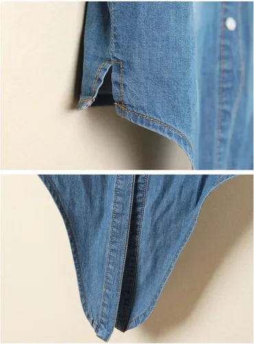 Vista 6 de happlan Camisa corta corta de mezclilla con solapa y manga 34 para mujer