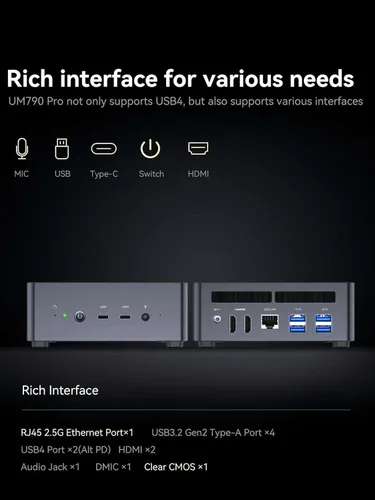 Vista 9 de MINISFORUM Venus UM790 Pro Mini PC AMD Ryzen 9 7940HS hasta 5.2 GHz, Barebone con AMD Radeon 780M, 4X USB3.2, 2X USB4, 2xHDMI 2.1, 2X PCIe4.0, Wi-Fi