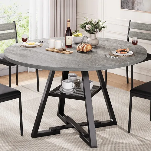 Vista 8 de Mesa de comedor redonda para 4, mesa de pedestal circular de cocina, comedor, mesa de pedestal, muebles de cocina y comedor de madera que ahorra