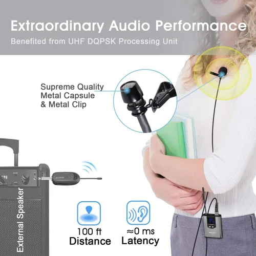 Vista 3 de Alvoxcon Sistema de micrófono inalámbrico Lavalier de doble canal UHF con control de volumen para iPhone, DSLR, altavoz PA, YouTube, Podcast