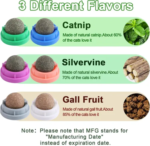 Vista 2 de KIMOBER Paquete de 6 bolas de hierba gatera para gatos, juguetes comestibles para masticar gatitos con hierba gatera Silvervine sabores de frutas