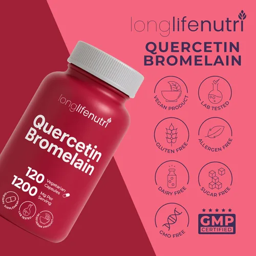 Vista 7 de LongLifeNutri Quercetina 500 mg con bromelina 100 mg 120 cápsulas vegetarianas Suplemento antioxidante natural Complejo de alivio Dihidrato