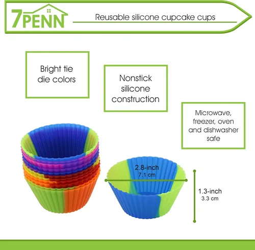 Vista 4 de 7Penn Moldes de silicona para hornear cupcakes, moldes reutilizables para moldes para lata de tamaño estándar, colores arcoíris de teñido anudado