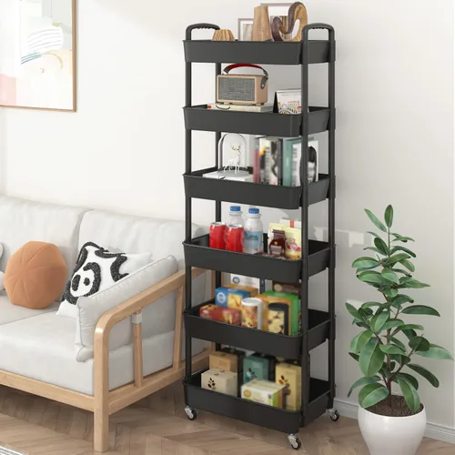 Vista 5 de Sywhitta - Carrito rodante de utilidad de 6 niveles de plástico con asa, carrito de almacenamiento multifuncional para oficina, sala de estar