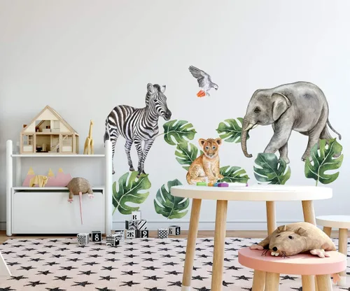 Vista 2 de Murwall Kids Wall Decals Nursery Tropical Wall Sticker Safari Animals Decal Exotic Decals Leaf Wall Sticker Kids Room Nursery