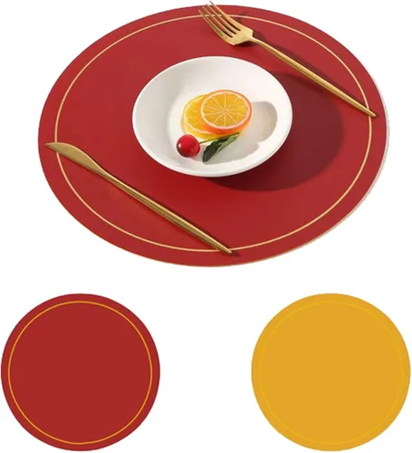 Vista 12 de Round Placemats Set of 6 with Gold Edged, Faux Leather Place Mats Reversible Washable Placemat Wipeable Dining Table Mats, Place Mats for Kitchen